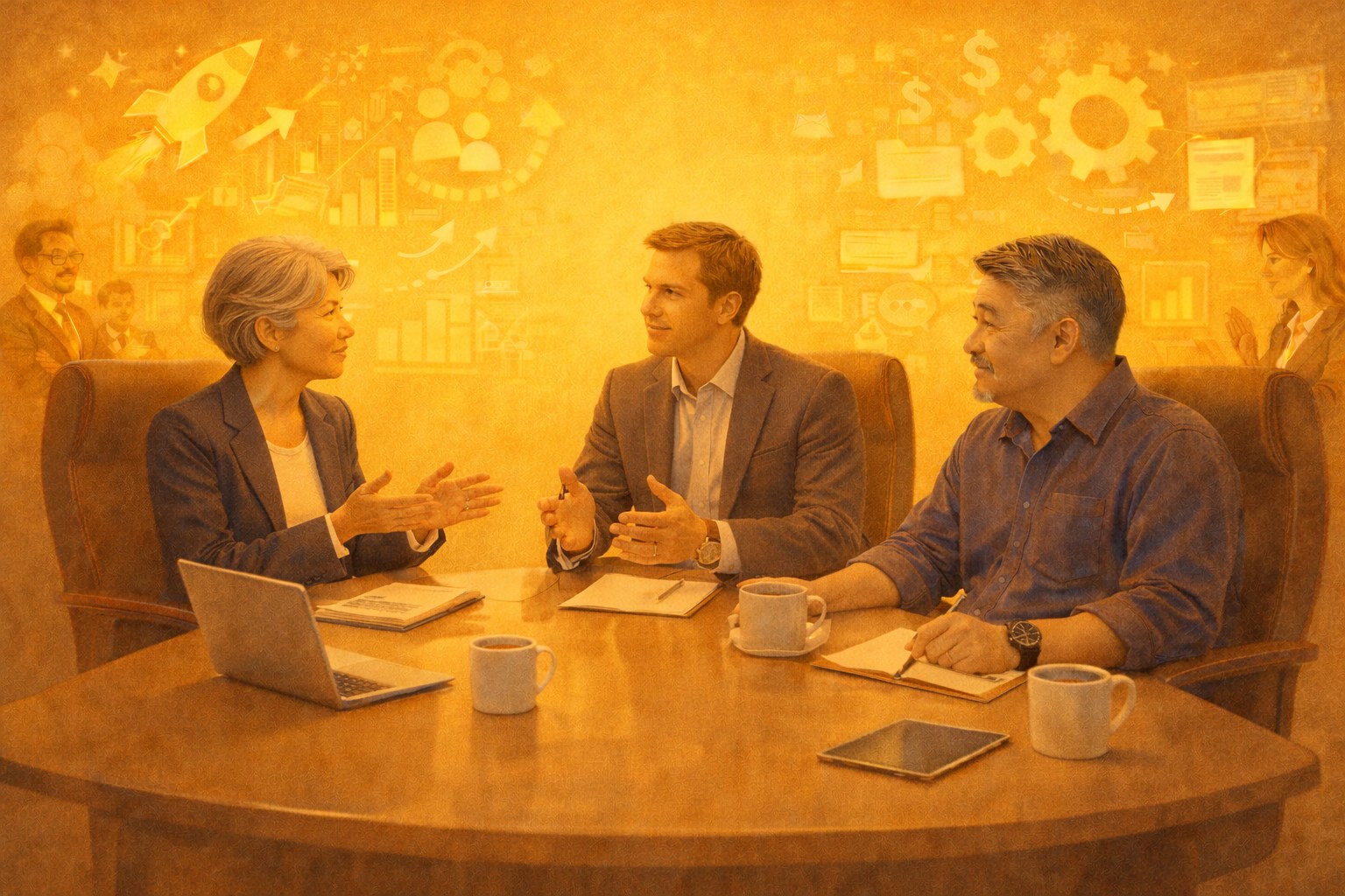 Illustrated executive discussion around a table, representing leadership perspectives and organizational complexity